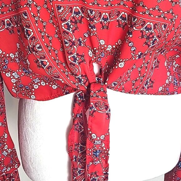 Altar'd State Red Printed Crop-top with Wide Layered Bell Sleeves, Size Medium - Picture 5 of 9